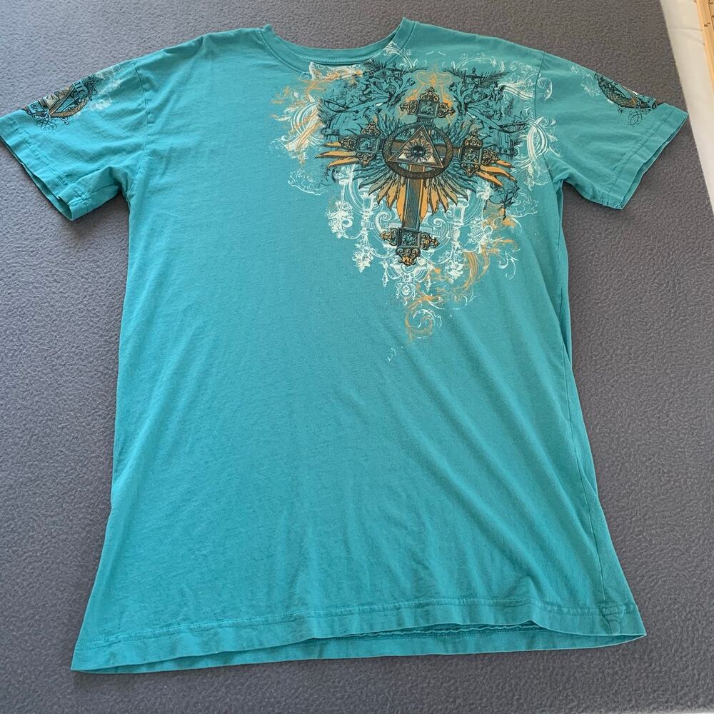 Archaic by Affliction Teal Blue T-Shirt Cross Wings Skull Double Sided Mens Lg